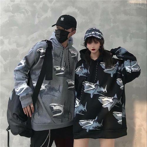 2021加绒情侣装潮牌鲨鱼卫衣外套ins超火连帽衫男女宽松港风卫衣