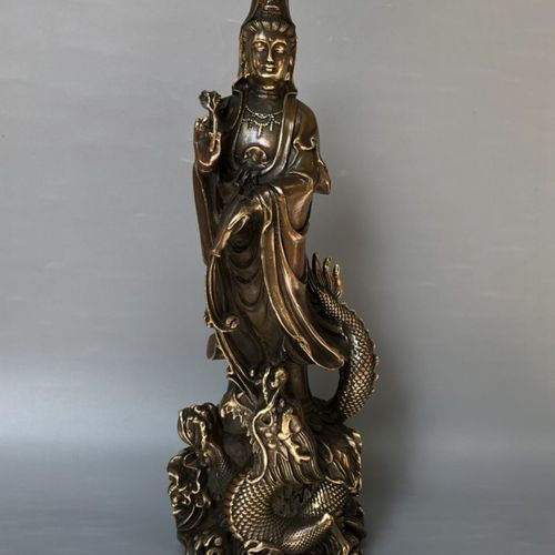 纯铜御龙观音佛像摆件柳枝站龙观音铜像祈福保平安家用佛堂供奉