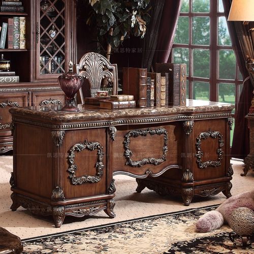 美式办公桌 实木雕花电脑桌 高档大理石老板桌 大班台 欧式书桌