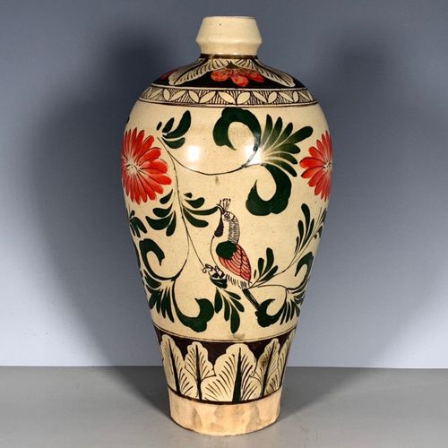 古董瓷器 磁州窑粉彩手绘缠枝花鸟图纹梅瓶赏瓶摆件开门老货