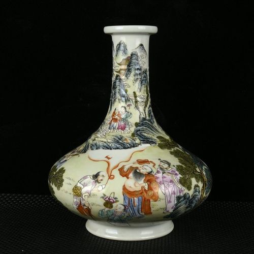 精品古董清雍正珐琅彩描金八仙祝寿纹炫纹盘口瓶高26cm直径22cm