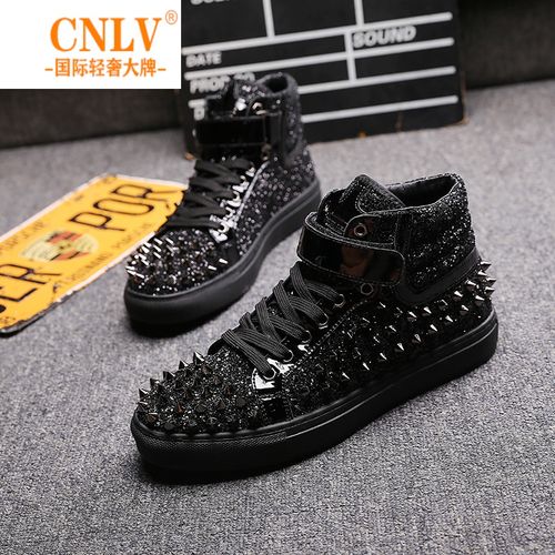 cn lv国际高端轻奢侈品牌男鞋铆钉鞋男潮韩版高帮潮鞋