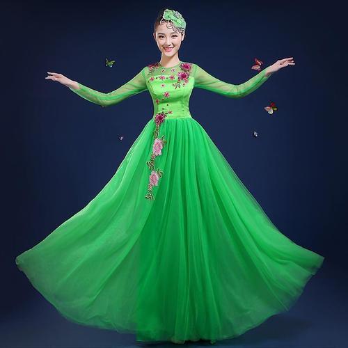 演出服伴舞新款绿色长裙女民族服装开场大摆裙春大合唱服现代舞蹈【6