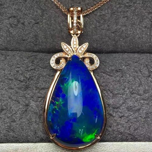 精品18k玫瑰金水滴形圆形蓝黑白火欧泊吊坠项链彩色宝石镶嵌定制