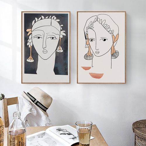 现代装饰画人物抽象线条美女挂画几何肖像黑白客厅玄关画素颜少.