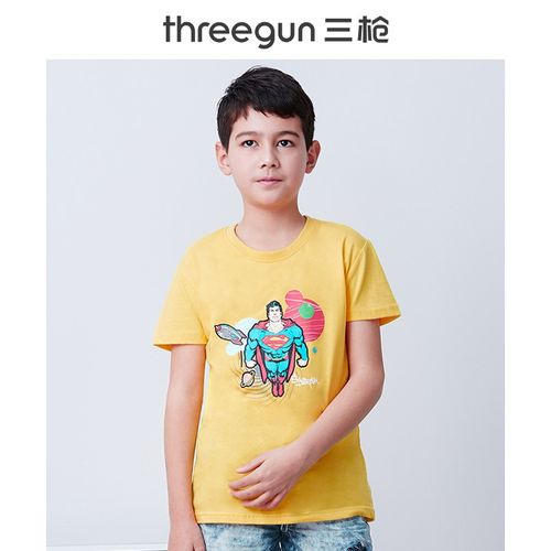 三枪t恤男童舒肤棉春夏运动圆领超人印花弹力全棉儿童短袖汗衫 亮黄