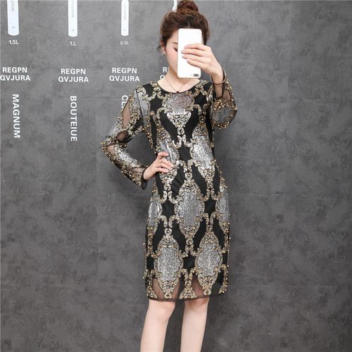 亮片长袖高贵修身显瘦连衣裙品牌大码刺绣日常新款重工钉珠礼服裙