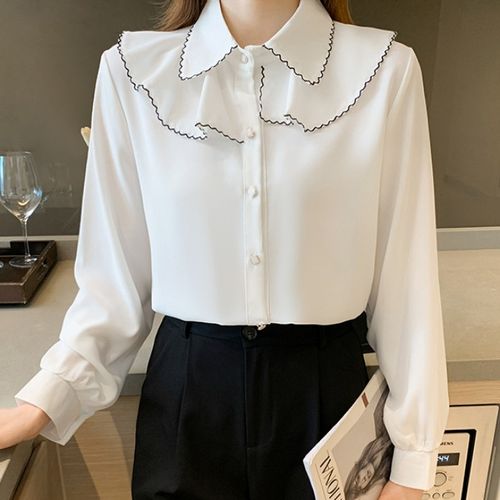 2022春秋季新款黑色衬衫女设计感小众荷叶花边领长袖雪纺衬衣上衣