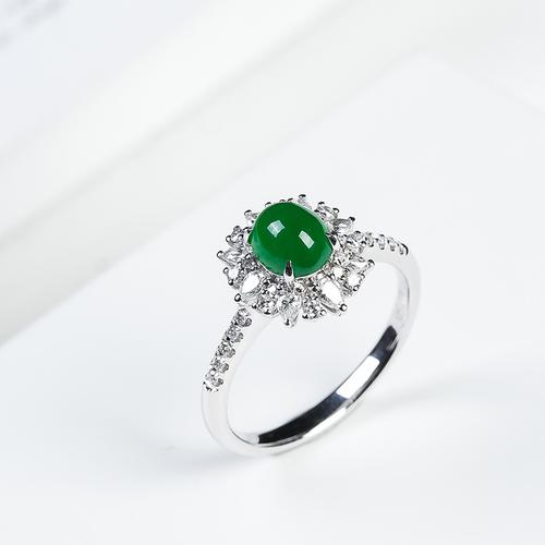 天然a货翡翠戒指冰种帝王绿18k白金镶嵌钻石女款高档戒面戒指满绿