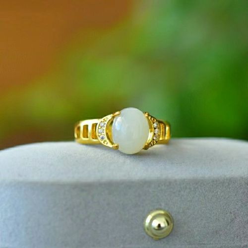 天然和田玉白玉蛋面925银镶嵌时尚精致戒指指环送闺蜜女友佳人