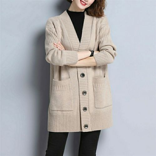 鸡心领纯色针织开衫女2021秋冬新款宽松毛衣中长大码妈妈外套上衣