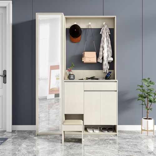 现代简约带镜子衣帽柜一体北欧大容量鞋柜客厅家用多功能带换鞋凳