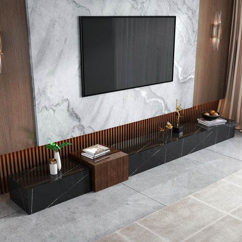 整体天然大理石电视柜黑白根长条地台爵士白简单激光机柜胡桃装饰