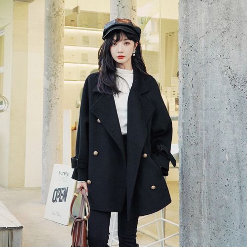 高档品牌轻奢女装短款黑色赫本风毛呢外套女2021秋冬新款百搭小个子