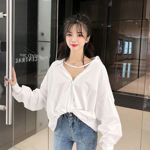 韩版设计感小众v领漏锁骨白衬衫女上衣蝙蝠袖打底衫女