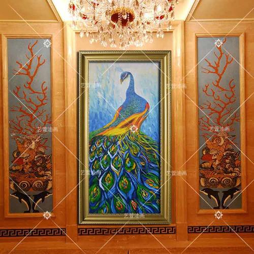 孔雀油画玄关竖式装饰画欧式手绘油画现代手工过道走廊抽象画挂画