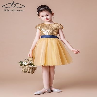 女童钢琴短款演出服金色蓬蓬纱小女孩儿童公主裙模特