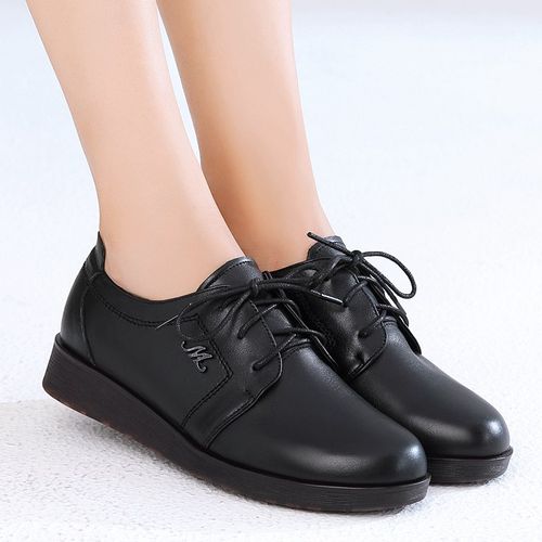 冬季意尔康皮鞋女真皮新款单鞋舒适黑色系带坡跟软底超软软皮女鞋