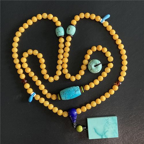 纯天然复古长款鸡油黄蜜蜡项链原矿绿松石平安无事牌青金石收藏品