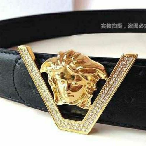 瓦萨琪美人头v字扣皮带 商务休闲皮带鸵鸟纹牛皮腰带铜扣镶钻皮带