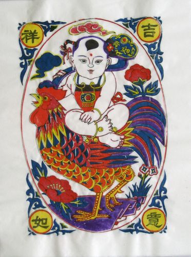 潍坊杨家埠木版年画中号白色黄色宣纸老版吉祥如意手工制作喜庆