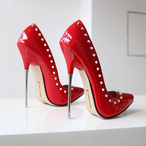 2022年春季浅口尖头漆皮高跟鞋红底单鞋铆钉钢跟极细跟大码鞋16cm