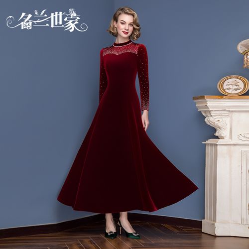 名兰世家秋冬新款红色长袖丝绒连衣裙婚礼婚宴喜婆婆妈妈礼服长裙