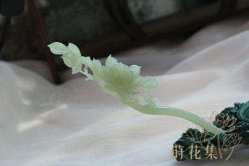 莲花发簪玉簪子古风和田玉原创花枝荷花设计手工雕刻玉石小众配饰