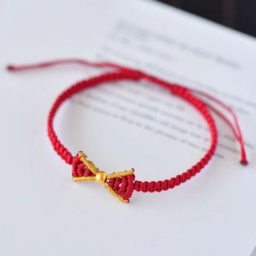 臻莱红绳手链足金999磨砂4毫米硬金蝴蝶结手编手链送闺蜜送女友送老婆