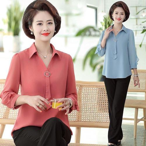中老年女装春装上衣衬衫女士新款t恤衫两件套妈妈夏装雪纺衫套装