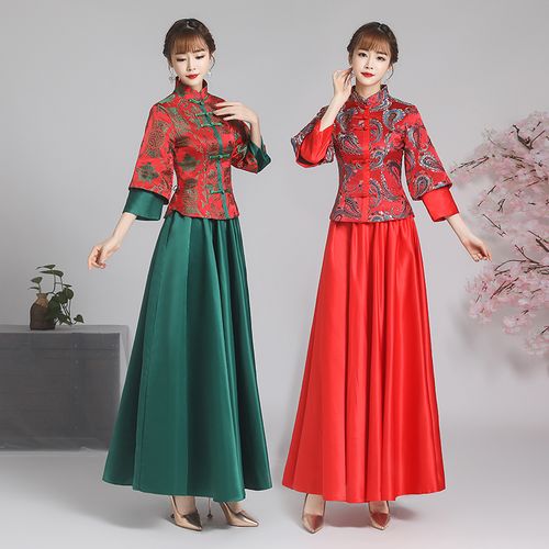 中式伴娘服装中国风刺绣婚礼长款修身姐妹团宴会礼服仙女学生服装