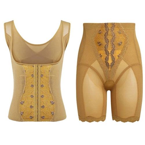 中脉拉卡美体内衣三件套收腹提臀黑金文胸腰背夹束裤 金色2件(美体裤