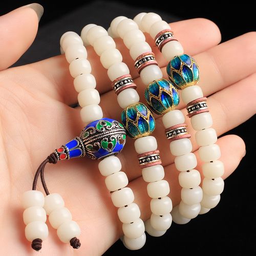 天然白玉菩提根108颗佛珠男手链景泰蓝情侣款配饰项链