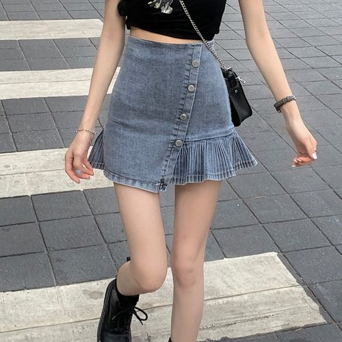 牛仔裙女短款a字半身裙防走光百褶鱼尾裙高腰2020新款