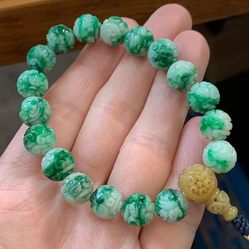 包a货天然翡翠辣绿白底青翡翠十八子手串雕花珠仿古手链佛玉珠串