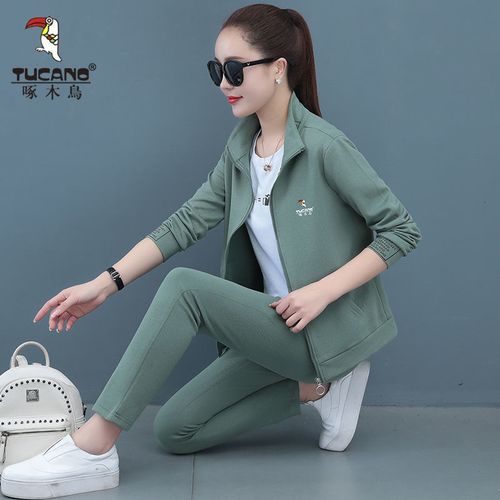 啄木鸟运动服套装女装春秋款新款中年妈妈休闲卫衣开衫三件套洋气