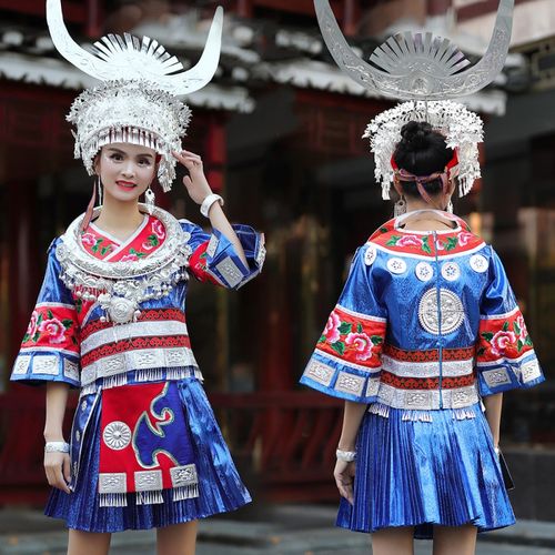 贵州民族舞蹈服装女新苗族侗族少数民族歌演舞台刺绣套装定制 蓝色