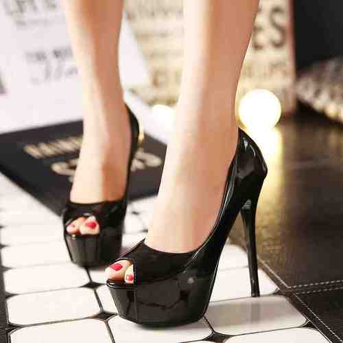 新黑色超高跟鱼嘴鞋14cm夜场防水台细跟职业少女漆皮百搭单鞋女纯