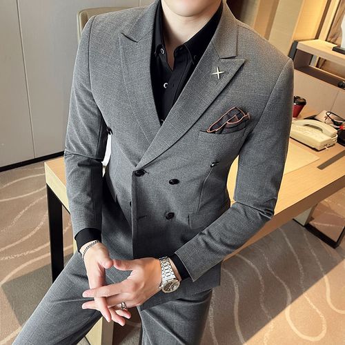 英伦风双排扣小西装男套装青年绅士新郎结婚礼服格子西服三件套潮