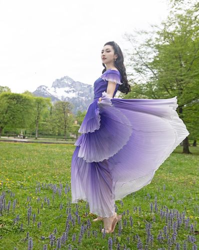 magicq独家原创设计复古仙美多层百褶裙摆不对称斜肩