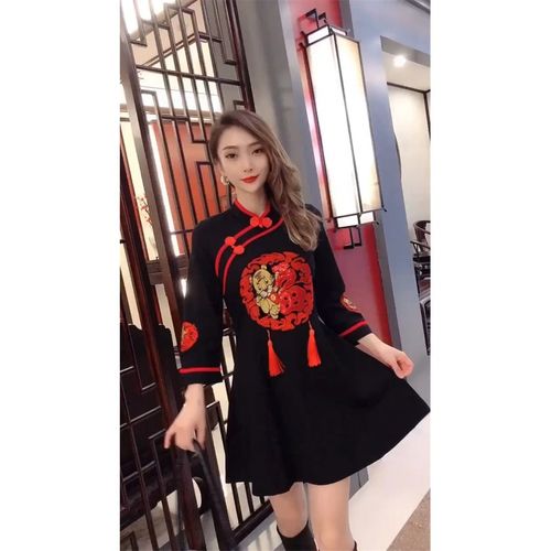 虎年旗袍 修身虎年本命年拜年红色衣服旗袍连衣裙冬 黑色 m 85至105斤