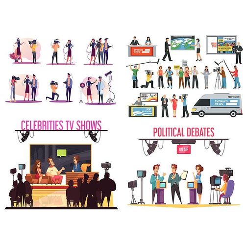 记者采访报道人物场景ai矢量素材 卡通发布会新闻播报 设计素材