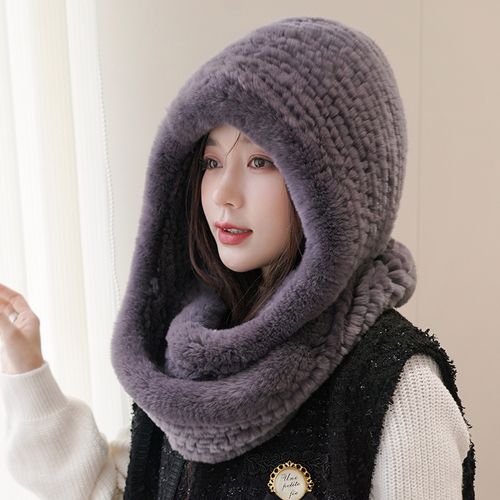 冰奴寒域冬天保暖獭兔毛双面编织帽子围巾一体皮草帽女户外风雪帽