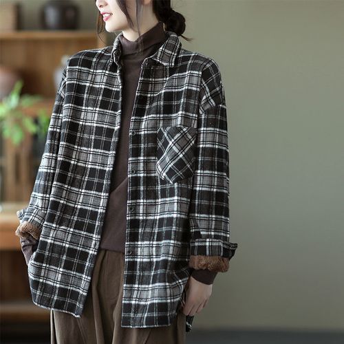 文艺复古格子加绒衬衫女士长袖内搭上衣2021新款冬季百搭加厚衬衣