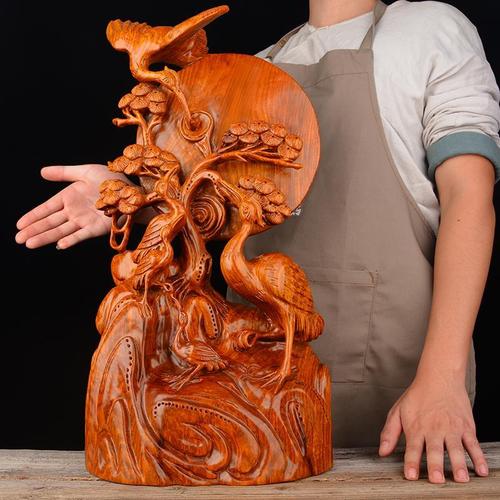 木大生 木雕摆件《松鹤延年》实木质雕刻红木花鸟工艺品家居装饰