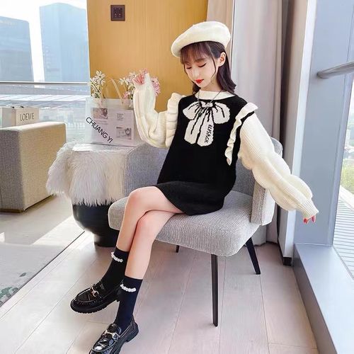 妃蝶轩【满48包邮】蝴蝶结毛衣裙女童秋冬款甜美保暖公主风7730