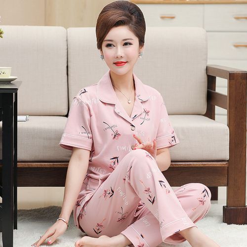春夏季中老年女士睡衣纯棉短袖开衫舒适翻领可外穿妈妈家居服套装
