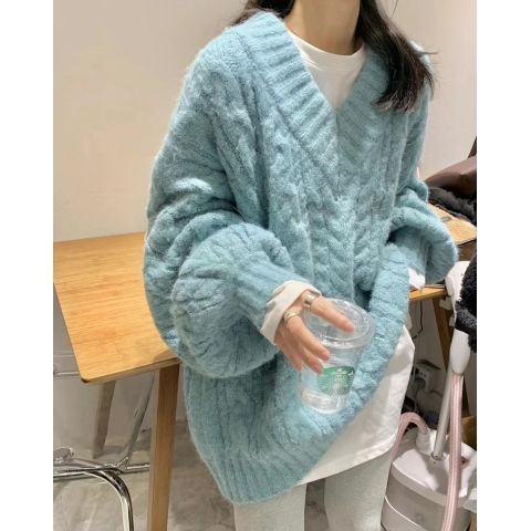 秋冬软糯茸茸毛衣保暖麻花女加厚v领宽松慵懒风中长款套头针织衫
