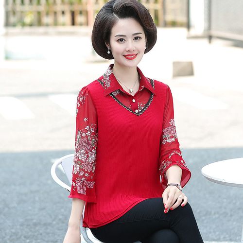 中老年女衬衫时尚妈妈装春夏季中袖雪纺衫上衣t恤打底衫40-50套装
