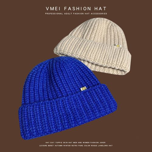 克莱因蓝毛线帽子ins笑脸帽子女秋冬天男保暖护耳显白